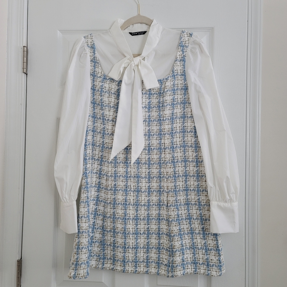 Blue and White Tweed Dress with Bow Tie